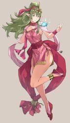  absurdres alternate_costume anklet breasts closed_mouth commentary cosplay dragonstone dress english_commentary female fire_emblem fire_emblem:_mystery_of_the_emblem fire_emblem_awakening fire_emblem_heroes floating_hair full_body green_eyes green_hair grey_background hair_between_eyes hair_ornament hair_ribbon hand_on_own_chest high_ponytail highres jewelry long_hair looking_at_viewer medium_breasts official_alternate_costume pelvic_curtain pink_dress pink_ribbon pointy_ears red_footwear ribbon sakuremi sash side_slit sideboob sidelocks signature simple_background sleeveless sleeveless_dress smile solo thighs tiara tiki_(adult)_(fated_divinity)_(fire_emblem) tiki_(adult)_(fire_emblem) tiki_(fire_emblem) tiki_(young)_(fire_emblem) tiki_(young)_(fire_emblem)_(cosplay) very_long_hair 