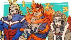  3boys abs all_might bad_id bad_pixiv_id beard between_pectorals blonde_hair bodysuit boku_no_hero_academia brown_eyes bubble_tea bubble_tea_challenge cheating_(competitive) coat commentary crossed_arms cup drink drinking_straw endeavor_(boku_no_hero_academia) facial_hair feathered_wings feathers fire fur_collar goggles goggles_on_eyes hand_on_own_hip hawks_(boku_no_hero_academia) headphones kadeart long_sleeves looking_away male_focus moustache multicolored_hair multiple_boys muscular muscular_male object_on_pectorals pectorals red_hair red_wings short_hair simple_background skin_tight smile spiked_hair superhero_costume teeth two-tone_hair upper_body wings winter_clothes winter_coat 