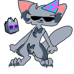  1:1 ambiguous_gender anthro buddiefoxy buddiesfoxy claws clothing eyewear fluffy fur glasses grey_body grey_fur hat headgear headwear long_tail meme party_cat party_hat pet_simulator_x roblox roblox_skin robloxian solo sunglasses tail 