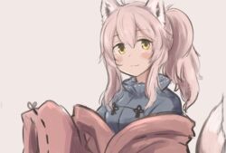  :3 animal_ears bad_id bad_pixiv_id blush closed_mouth female grey_background highres japanese_clothes kimono long_hair looking_at_viewer off_shoulder original pink_hair ponytail simple_background sleeves_past_fingers sleeves_past_wrists solo tail tsukiori upper_body yellow_eyes 