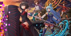  4girls ahoge aqua_(konosuba) armor armpits asymmetrical_legwear bandaged_leg bandages bare_shoulders belt black_armor black_belt black_choker black_gloves black_hair black_headwear black_thighhighs blue_eyes blue_footwear blue_hair blue_shirt blue_skirt blue_thighhighs bob_cut boots bow breastplate breasts brown_belt brown_eyes brown_hair button_eyes buttons cape castle casual choker collarbone crossover detached_sleeves dress electricity electrokinesis energy fingerless_gloves gekota gloves glowing green_bow hair_ornament hair_strand hairpin hat highres holding holding_shield holding_staff holding_weapon hood hood_down hoodie hydrokinesis itai_no_wa_iya_nano_de_bougyoryoku_ni_kyokufuri_shitai_to_omoimasu kazenokaze knee_boots kono_subarashii_sekai_ni_shukufuku_wo! long_hair mage_staff magic magic_circle magnetism maple_(bofuri) medium_breasts medium_hair megumin metal metal_sand misaka_mikoto mismatched_legwear multiple_girls open_mouth outdoors pleated_skirt psychic red_dress red_eyes red_legwear red_sky science_fiction shield shirt short_dress short_hair short_hair_with_long_locks shorts shuriken_hair_ornament single_thighhigh skirt sky small_breasts staff standing thigh_boots thighhighs toaru_kagaku_no_railgun toaru_kagaku_no_railgun_t toaru_majutsu_no_index uneven_legwear water weapon witch_hat 