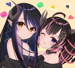  2girls absurdres ahoge bandeau belt belt_collar black_bandeau black_belt black_hair black_jacket blue_belt blue_eyes blue_hair blush breasts brown_eyes chest_belt cleavage collar commentary_request curled_horns demon_girl demon_horns earrings expressionless flower food grey_horns hair_between_eyes hair_flower hair_ornament hair_ribbon heart hebiyoi_tier hebiyoi_tier_(1st_costume) highres horns jacket jewelry large_breasts long_bangs long_hair looking_at_viewer macaron medium_bangs multicolored_hair multiple_girls nanashi_inc. off_shoulder oinomori_may oinomori_may_(1st_costume) omelet omurice one_eye_closed one_side_up onigiri open_mouth pink_hair pink_ribbon pointy_ears ribbon sairenji_(o70at) sidelocks single_earring snake_bite two-tone_hair upper_body virtual_youtuber yellow_background 