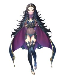  black_hair bodystocking bracelet breasts bridal_gauntlets cape closed_mouth covered_navel crossed_arms expressionless facial_mark female fingernails fire_emblem fire_emblem_fates fire_emblem_heroes forehead_mark full_body hair_ornament highres jewelry kousei_horiguchi long_hair looking_at_viewer mouth_veil nail_polish non-web_source nyx_(fire_emblem) official_art red_eyes see-through small_breasts solo standing thighhighs tiara toeless_footwear transparent_background turtleneck veil 