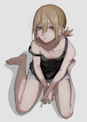  aki_(tabao) barefoot black_tank_top blonde_hair blue_eyes breasts cigarette collarbone commentary_request feet female from_above full_body hair_between_eyes half-closed_eyes highres holding holding_cigarette legs looking_at_viewer looking_up original partial_commentary self-harm self-harm_scar simple_background sitting smoking solo tabao tank_top tobacco toes white_background 