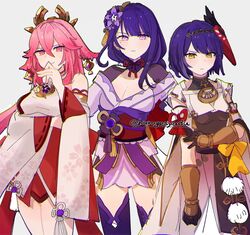  3girls animal_ears arm_guards bare_shoulders bird_mask black_hair braid breasts cleavage closed_mouth commentary_request detached_sleeves earrings flower fox_ears genshin_impact gloves grey_background hair_between_eyes hair_flower hair_ornament japanese_clothes jewelry kimono kujou_sara kuromu_shado large_breasts long_hair long_sleeves looking_at_viewer mask mask_on_head mole mole_under_eye multiple_girls obi obiage obijime pink_hair purple_eyes purple_flower purple_hair raiden_shogun ribbon sash short_hair simple_background smile wide_sleeves yae_miko yellow_eyes 