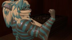  16:9 3d_(artwork) anthro chill407 countershading digital_media_(artwork) eyewear female flexing flexing_bicep glasses hi_res looking_at_viewer muscular nika_sharkeh sauna solo source_filmmaker_(artwork) towel towel_around_neck widescreen 