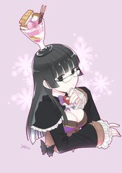  black-framed_eyewear black_capelet black_coat black_eyes black_hair blunt_bangs bow bowtie breasts brown_vest capelet cleavage closed_mouth coat commentary_request cookie cup cup_on_head expressionless female fingernails food frilled_capelet frilled_sleeves frills heart hime_cut ice_cream ice_cream_sandwich long_hair looking_at_viewer macaron medium_breasts miyan_(shamigame) parfait pink_background pocky purple_bow purple_bowtie purple_nails ragnarok_masters ragnarok_online sidelocks signature solo upper_body vest 