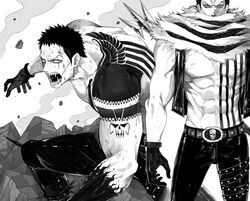  1boy abs back_tattoo bake_ryori blood blood_on_face charlotte_katakuri chest_tattoo covered_mouth gloves greyscale highres looking_at_viewer male_focus monochrome muscular muscular_male one_piece open_mouth pectorals polearm rubble scarf sharp_teeth shoulder_tattoo skull spiked_anklet tattoo teeth trident weapon 