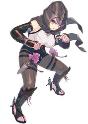  arm_guards armor ayane_(doa) bad_id bad_pixiv_id black_pantyhose bodysuit breasts bug butterfly dead_or_alive dead_or_alive_6 elbow_gloves female flower gloves headband highres hood hood_down kunai medium_breasts ninja pantyhose petals pink_flower purple_hair red_eyes sandals short_hair solo standing thigh_strap tree weapon yagi2013 