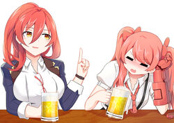  2girls :d alcohol beer beer_mug blue_jacket blush breasts closed_eyes cup drunk earrings frederica_nikola_tesla glasses hair_between_eyes highres holding holding_cup honkai_(series) honkai_impact_3rd jacket jewelry large_breasts long_hair long_sleeves mechanical_arms mug multiple_girls murata_himeko necktie open_mouth polo_shirt ponytail red_necktie ritore shirt short_sleeves single_mechanical_arm smile table teacher twintails watch white_background white_shirt wristwatch 