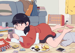  aragon_honnin bag barefoot black_hair blue_bag blush book cellphone charging_device commentary_request couch cup electrical_outlet female food full_body game_boy game_boy_(original) glasses handheld_game_console holding holding_handheld_game_console indoors jimiko long_hair lying medium_hair mug mug_writing on_stomach orange_bag original phone photoshop_(medium) pillow plate playing_games smartphone solo swept_bangs 