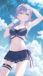  absurdres bikini cloud_background commentary_request female food glasses green_eyes grey_hair hair_ornament heaven_burns_red highres ice_cream izumi_yuki_(heaven_burns_red) koh_rd long_hair popsicle ribbon solo straight_hair swimsuit 