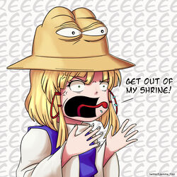  angry blonde_hair boy&#039;s_club commentary english_commentary english_text female green_eyes hair_ribbon highres jemma_finn long_sleeves medium_hair moriya_suwako open_mouth parted_bangs pepe_the_frog purple_vest pyonta red_ribbon ribbon screaming shirt solo tongue tongue_out toon_(style) touhou turtleneck upper_body v-shaped_eyebrows vest white_background white_shirt wide_sleeves yellow_eyes 