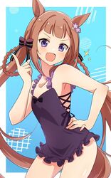  animal_ears breasts brown_hair casual_one-piece_swimsuit collarbone commentary_request enkichi_totan female hair_rings highres horse_ears horse_girl horse_tail long_hair looking_at_viewer official_alternate_costume one-piece_swimsuit open_mouth purple_eyes simple_background small_breasts solo sweep_tosho_(monopolizing_the_chill?)_(umamusume) sweep_tosho_(umamusume) swimsuit tail twintails umamusume v 