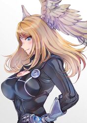  black_bodysuit bodysuit breast_tattoo breasts cleavage cleavage_cutout clothing_cutout eunie_(xenoblade) female head_wings highres large_breasts simple_background solo tattoo ug333333 white_background white_wings wings xenoblade_chronicles_(series) xenoblade_chronicles_3 