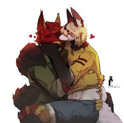  anthro blonde_hair bottomwear brown_body brown_fur canid canine clothing cuddling duo fox fur gloves_(marking) hair happy heart_symbol hi_res holidays hug hush_(hushloafs) hushloafs kissing licking male male/male mammal markings shirt shorts simple_background species_request striped_markings striped_tail stripes tail tail_markings tongue tongue_out topwear valentine&#039;s_day white_background white_body white_fur yellow_clothing yellow_shirt yellow_topwear 