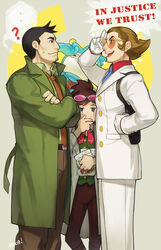  ... ...? 3boys apollo_justice:_ace_attorney arm_up artist_name black_eyes black_hair blue_badger bobby_fulbright brown_eyes brown_hair coat detective dick_gumshoe eating ema_skye english_text eye_contact eyewear_on_head facial_hair female fingernails formal glasses gloves gyakuten_saiban hand_on_own_hip height_difference jacket looking_at_another mike_meekins multiple_boys necktie open_clothes open_jacket open_mouth overcoat pants phoenix_wright:_ace_attorney_-_dual_destinies profile reka salute sideburns signature smile sparkle spiked_hair spoken_ellipsis stubble suit sweat swept_bangs teeth text_focus topknot white_gloves 