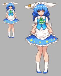  alternate_costume animal_ears apron ascot bad_id bad_twitter_id blue_footwear blue_hair closed_mouth crescent crescent_print enmaided female frills full_body grey_background knees_together_feet_apart long_hair maid maid_headdress multiple_views namako_daibakuhatsu orange_eyes pixel_art puffy_short_sleeves puffy_sleeves rabbit_ears seiran_(touhou) shoes short_sleeves simple_background skirt socks standing star_(symbol) star_print tears touhou wavy_mouth white_apron white_legwear 