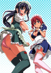  2girls absurdres amaya_haruko apron ass black_hair blue_eyes blush bow bow_panties breasts cleavage clothes_lift covering_breasts covering_privates embarrassed green_legwear highres large_breasts long_hair looking_back maid_headdress maken-ki! multiple_girls open_mouth panties photoshop_(medium) pink_legwear pink_panties purple_eyes red_hair scan shinatsu_azuki side_ponytail sideboob skirt skirt_lift sweat sweatdrop takeda_hiromitsu thighhighs top_pull underwear wavy_mouth white_panties wrist_cuffs 