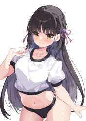  absurdres alternate_costume arm_at_side ass_visible_through_thighs black_buruma black_hair blush breasts buruma cafe_stella_to_shinigami_no_chou cameltoe chinese_commentary closed_mouth collarbone commentary_request curvy earrings eyelashes eyes_visible_through_hair female flower gym_uniform hair_behind_ear hair_flower hair_ornament hair_ribbon hand_up happy highres hua-huahua jewelry long_hair looking_at_viewer medium_breasts midriff navel pink_ribbon playing_with_own_hair ribbon rose shiki_natsume shirt sidelocks simple_background smile split_mouth straight_hair stud_earrings thighs tsurime very_long_hair white_background white_flower white_rose white_shirt yellow_eyes 