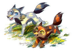  2020 blue_eyes canid canine canis cartoon_saloon duo fangs female feral freckles fur genystar grass green_eyes grey_body grey_fur mammal mebh_og_mactire plant red_body red_fur robyn_goodfellowe running signature simple_background teeth white_background wolf wolfwalkers young 