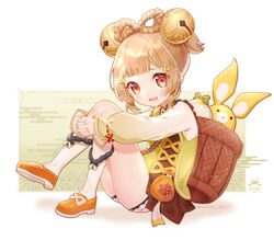  absurdres backpack_basket basket bell braid brown_hair chinese_clothes female genshin_impact hair_ornament highres hugging_own_legs kneehighs orange_eyes ponytail pouch shoes sitting socks solo tanukii_don white_socks yaoyao_(genshin_impact) yuegui_(genshin_impact) 