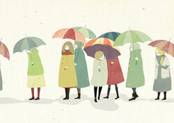  6+girls black_footwear blonde_hair boots brown_hair coat fco green_coat green_umbrella grey_hair holding holding_umbrella long_sleeves multiple_girls orange_umbrella original profile red_coat red_umbrella scarf shadow umbrella yellow_coat 