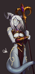  breasts brown_background brown_dress colored_sclera colored_skin distr draenei dress female grey_skin highres holding holding_staff horns large_breasts looking_at_viewer pelvic_curtain prehensile_tail priest_(warcraft) signature simple_background smile solo staff tail underboob vambraces warcraft white_hair world_of_warcraft yellow_eyes yellow_sclera 