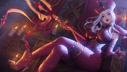  armor breasts candle crossed_legs female fire from_below gloves heroes_of_the_storm high_heels highres human_(warcraft) indoors large_breasts love_cacao official_art pauldrons red_eyes red_footwear red_gloves red_headwear red_legwear red_lips sally_whitemane shoulder_armor sitting staff thigh_strap thighlet throne warcraft white_hair world_of_warcraft 