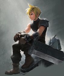  1boy armor black_pants black_sweater blonde_hair boots brown_footwear brown_gloves buster_sword cloud_strife combat_boots commentary earrings english_commentary final_fantasy final_fantasy_vii final_fantasy_vii_remake full_body gloves green_eyes hand_on_hilt highres huge_weapon jewelry male_focus malin_falch pants pauldrons planted ribbed_sweater rubble short_hair shoulder_armor sidelighting single_pauldron sleeveless sleeveless_sweater sleeveless_turtleneck solo spiked_hair stud_earrings sweater sword turtleneck weapon 