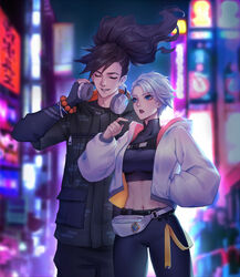  1boy arm_up bag bead_bracelet beads blue_eyes blurry blurry_background blush bracelet brown_hair closed_eyes collarbone eyes_visible_through_hair female fingernails floating_hair grey_hair hand_in_pocket headphones headphones_around_neck highres hood hood_down hoodie jacket jewelry kezi league_of_legends light_blush long_hair navel neon_trim open_bag outdoors parted_lips pink_lips pointing ponytail pouch riven_(league_of_legends) short_hair signature smile standing talking teeth tongue turtleneck upper_teeth_only white_hoodie yasuo_(league_of_legends) zipper zipper_pull_tab 