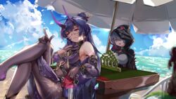  2girls bare_shoulders beach_umbrella black_hair blue_sky breasts chair china_dress chinese_clothes cloud cloudy_sky dress glasses hair_over_one_eye highres honkai_(series) honkai_impact_3rd horns looking_at_viewer mahjong mahjong_tile mole mole_under_mouth multiple_girls official_alternate_costume outdoors ponytail purple_dress purple_eyes purple_hair purple_sleeves raiden_mei raiden_mei_(herrscher_of_thunder) raven_(honkai_impact) short_hair sitting sky table umbrella zomzomzomsauce 