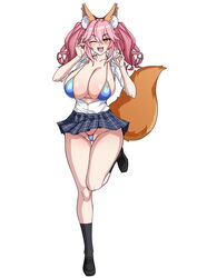  animal_ear_fluff animal_ears bikini bikini_under_clothes black_footwear black_socks blue_bikini blue_skirt breasts cleavage collarbone collared_shirt fate/extra fate_(series) female fox_ears fox_girl fox_shadow_puppet fox_tail full_body hair_between_eyes highres kneehighs large_breasts loafers long_hair looking_at_viewer miniskirt muta_poo one_eye_closed open_clothes open_mouth open_shirt pink_hair shirt shoes short_sleeves sidelocks skirt smile socks solo swimsuit tail tamamo_(fate) tamamo_no_mae_(fate/extra) twintails white_shirt yellow_eyes 