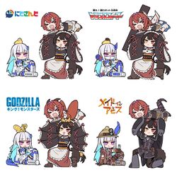  &gt;_&lt; 3girls :3 ange_katrina ange_katrina_(1st_costume) animal_on_head arm_cannon bird bird_on_head black_cape black_jacket black_pants bondrewd bondrewd_(cosplay) boots brown_eyes brown_hair brown_kimono cape chibi cosplay feather_hair_ornament feathers godzilla godzilla:_king_of_the_monsters godzilla_(cosplay) godzilla_(series) hair_intakes hair_ornament heterochromia highres inui_toko inui_toko_(1st_costume) jacket japanese_clothes kamitoge_supino kimono king_ghidorah king_ghidorah_(cosplay) laserbeak laserbeak_(cosplay) lize_helesta lize_helesta_(1st_costume) logo long_hair lyza_(made_in_abyss) lyza_(made_in_abyss)_(cosplay) made_in_abyss maid maid_headdress megatron megatron_(cosplay) monocle monsterverse mothra mothra_(cosplay) multiple_girls multiple_views nijisanji on_head open_mouth ozen ozen_(cosplay) pants parody red_hair red_jacket rodan rodan_(cosplay) sanbaka_(nijisanji) sebastian_piyodore short_hair shoulder_cannon smile soundwave_(transformers) soundwave_(transformers)_(cosplay) starscream starscream_(cosplay) tail transformers virtual_youtuber wa_maid weapon white_footwear white_hair worried 