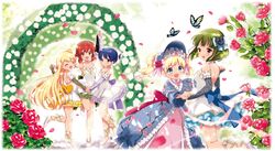  5girls alice_cartelet animal arch black_hair blonde_hair blue_eyes blue_hair bug butterfly cherry_blossom_print closed_eyes dress floral_arch floral_print flower hair_ornament hara_yui high_heels inokuma_youko kin-iro_mosaic komichi_aya kujou_karen long_hair multiple_girls official_art oomiya_shinobu open_mouth petals pink_flower pink_rose red_eyes red_flower red_hair red_rose rose rose_bush rose_petals short_hair smile twintails white_dress white_footwear x_hair_ornament 