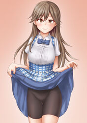  alternate_breast_size alternate_costume anti_(untea9) apron arashio_(kancolle) ass_visible_through_thighs bike_shorts bike_shorts_under_skirt blue_apron blue_bow blue_bowtie blue_skirt bow bowtie breasts brown_eyes brown_hair checkered_apron checkered_clothes collared_shirt cowboy_shot employee_uniform female gingham_apron gradient_background hair_between_eyes high-waist_skirt highres kantai_collection kobeya_uniform lifting_own_clothes lips long_hair looking_at_viewer medium_breasts pink_background plaid plaid_apron pleated_shirt shirt short_sleeves shorts shorts_under_skirt skirt skirt_hold solo twitter_username uniform waitress white_shirt 