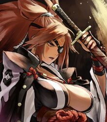  armband baiken breasts cloak eyepatch facial_mark female guilty_gear guilty_gear_xrd highres holding holding_sword holding_weapon jako_(toyprn) japanese_clothes large_breasts long_hair open_mouth pink_eyes pink_hair plunging_neckline ponytail sheath sheathed solo sword upper_body weapon 