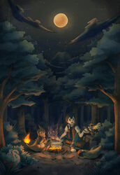  1boy bush campfire charmeleon commentary_request cooking_pot eating fire flame-tipped_tail forest holding jacket jigglypuff kikuyoshi_(tracco) male_focus metapod moon nature nidorino night open_mouth outdoors pants pidgey pokemon pokemon_(creature) pokemon_rgby red_(pokemon) shoes short_sleeves sitting tree 