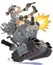  breasts brown_eyes brown_hair caterpillar_tracks commentary female fio_germi glasses gun hat highres holding holding_weapon knee_pads metal_slug military military_uniform military_vehicle motor_vehicle ponytail revolver shirt shoes shorts sv001_(metal_slug) tank uniform urasato weapon 