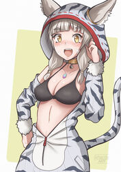  absurdres alternate_costume animal_ears black_bra blunt_bangs bra breasts cat_ears chascoby chest_jewel cleavage female grey_hair highres hood hoodie medium_breasts nia_(xenoblade) open_mouth solo underwear xenoblade_chronicles_(series) xenoblade_chronicles_2 yellow_eyes 