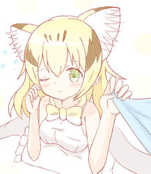  animal_ear_fluff animal_ears bare_arms bare_shoulders black_hair blonde_hair blush bow bowtie breasts cat_ears closed_mouth commentary_request female frilled_pillow frills green_eyes hair_between_eyes hands_up highres kemono_friends medium_breasts multicolored_hair one_eye_closed pillow sand_cat_(kemono_friends) shirt sleeveless sleeveless_shirt solo sunanuko_(ramuneko) two-tone_hair under_covers white_background white_bow white_bowtie white_shirt yellow_bow yellow_bowtie 