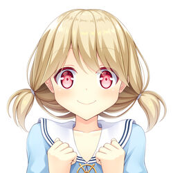  blonde_hair blue_serafuku clenched_hands collarbone commentary_request female hair_between_eyes hair_ribbon highres iwamoto_sora kogara_toto looking_at_viewer lupinus_virtual_games medium_hair portrait red_eyes ribbon sailor_collar school_uniform serafuku simple_background smile solo swept_bangs twintails virtual_youtuber vspo! white_background 