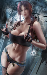  1girls abs bare_shoulders belt big_breasts black_lagoon breasts broken_glass brown_eyes brown_hair bullet_hole cigarette cleavage clothing detailed_background female female_focus female_only fingerless_gloves gloves gun hi_res high_resolution highres holding_cigarette large_breasts long_hair looking_at_viewer navel navel_piercing piercing ponytail pulling_shirt realistic revy sakimichan shorts smile smoke solo solo_female solo_focus tank_top tattoo thick_thighs thighhighs thighs thunder_thighs tomboy toned toned_female underwear weapon weapon_holster 