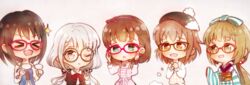  5girls :d :o adjusting_eyewear beret bespectacled black-framed_eyewear black_hair black_headwear blush bow bowtie brown_hair chibi commentary_request dress glasses grey_hair hair_ribbon hairbow hat hisakawa_nagi holding holding_removed_eyewear idolmaster idolmaster_cinderella_girls japanese_clothes kamijo_haruna kimono kita_hinako long_sleeves multiple_girls obi omisoshiru open_mouth own_hands_together pink_dress pom_pom_(clothes) ponytail protected_link red-framed_eyewear red_bow red_bowtie ribbon round_eyewear sakuma_mayu sash short_hair smile sparkle striped_clothes striped_kimono twintails unworn_eyewear upper_body v vest yorita_yoshino 