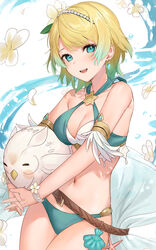  aqua_bikini bikini blonde_hair blue_eyes breasts character_doll commentary criss-cross_halter earrings feh_(fire_emblem_heroes) female fire_emblem fire_emblem_heroes fjorm_(fire_emblem) fjorm_(summer)_(fire_emblem) flower halterneck haru_(nakajou-28) highres jewelry looking_at_viewer medium_breasts navel official_alternate_costume petals short_hair smile solo swimsuit teeth upper_teeth_only 