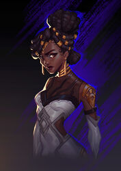  absurdres arcane:_league_of_legends armor black_background black_hair blue_background breasts brown_background collarbone cropped_torso dark-skinned_female dark_skin detached_sleeves devin_(devinscribbles) dreadlocks dress earrings female gold_armor gradient_background grey_dress hair_bun hair_ornament highres jewelry league_of_legends long_sleeves mel_medarda shoulder_plates single_hair_bun small_breasts solo very_dark_skin 