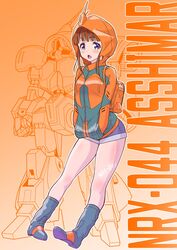  :o absurdres asshimar backpack bag blue_shorts blush brown_hair character_name denim denim_shorts female gundam hands_in_pocket highres hood hooded_jacket humanization jacket kaneko_naoya looking_at_viewer mecha mobile_suit oerba_yun_fang orange_bag orange_jacket purple_eyes robot science_fiction short_shorts shorts skin_fang solo_focus zeta_gundam 