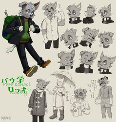  anthro anthrofied bust_portrait canid canine canis character_name clothed clothing domestic_dog english_text expression_sheet hazard_suit hi_res high_school igaragi information japanese_text male mammal mixed_breed model_sheet multiple_poses off/on open_mouth paw_patrol portrait pose rocky_(paw_patrol) school smile solo text umbrella winter_clothing 