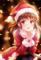  :d black_legwear blush brown_hair christmas commentary_request confetti double_bun dress female fur-trimmed_dress fur_trim hair_bun hat head_rest idolmaster idolmaster_cinderella_girls long_hair munakata_atsumi omisoshiru open_mouth protected_link purple_eyes red_dress santa_costume santa_dress santa_hat sideways_glance sitting smile solo 