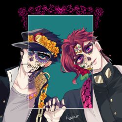  2boys black_hair blue_eyes calavera cempoalxochitl chains dia_de_muertos facepaint gakuran hat highres jojo_no_kimyou_na_bouken kakyoin_noriaki kogatarou kujo_jotaro long_coat male_focus marigold multiple_boys purple_eyes red_hair revealing_layer scarf school_uniform stardust_crusaders 